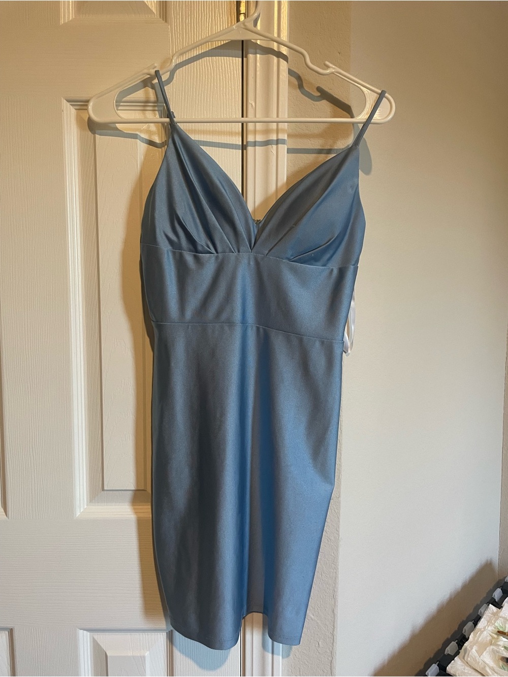 B Darlin Light Blue V-Neck Midi Sheath Dress